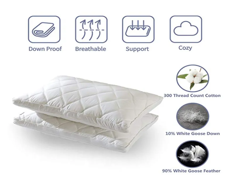 100% Cotton Downproof Cover Goose Down Feather Quilted Pillow with Satin Piping
