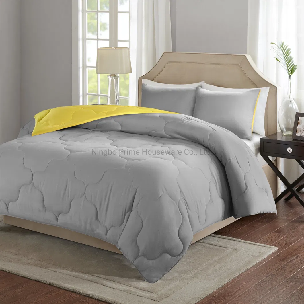 3 Piece Comforter Set All Season Reversible Goose Down Alternative Stitched Geometrical Pattern Bedding, Full/Queen, Yellow/Grey