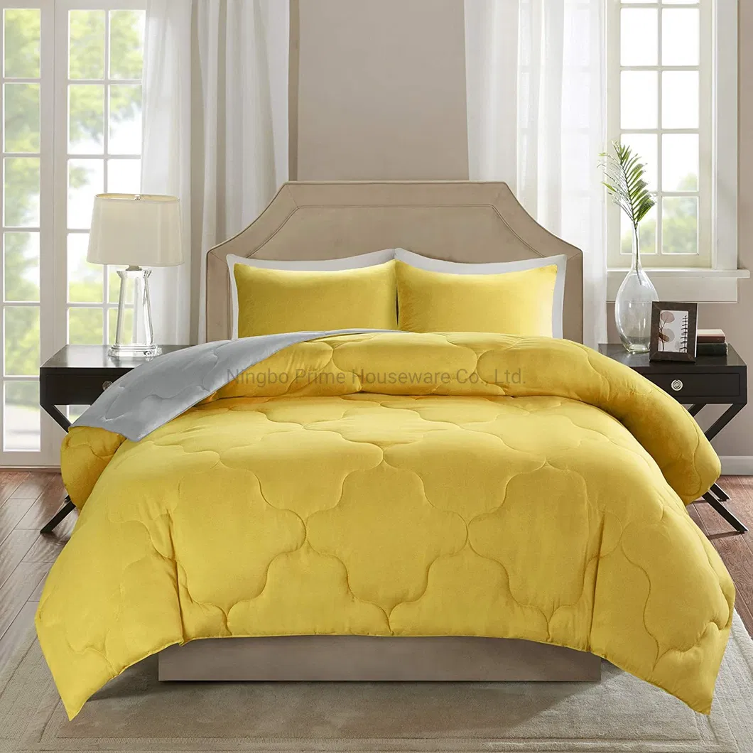 3 Piece Comforter Set All Season Reversible Goose Down Alternative Stitched Geometrical Pattern Bedding, Full/Queen, Yellow/Grey