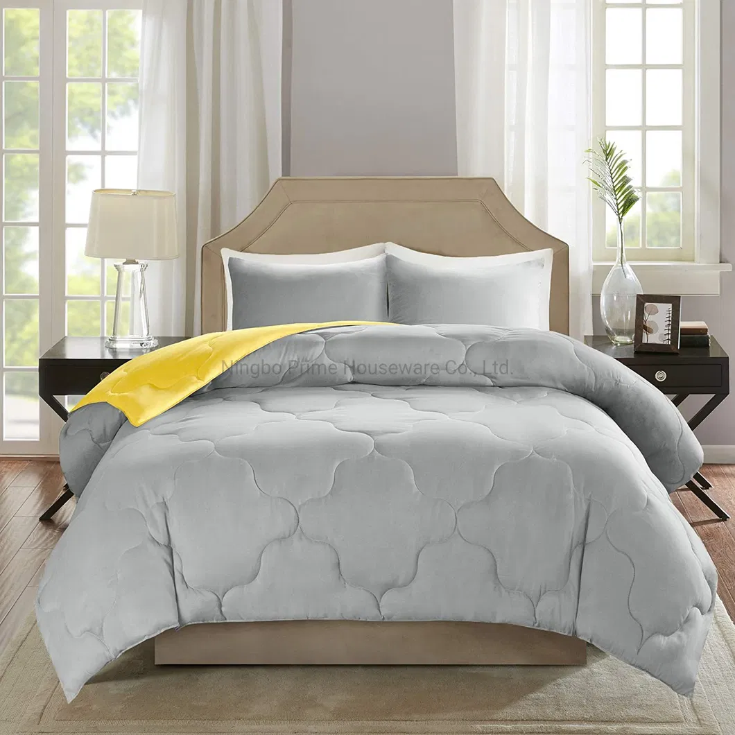 3 Piece Comforter Set All Season Reversible Goose Down Alternative Stitched Geometrical Pattern Bedding, Full/Queen, Yellow/Grey