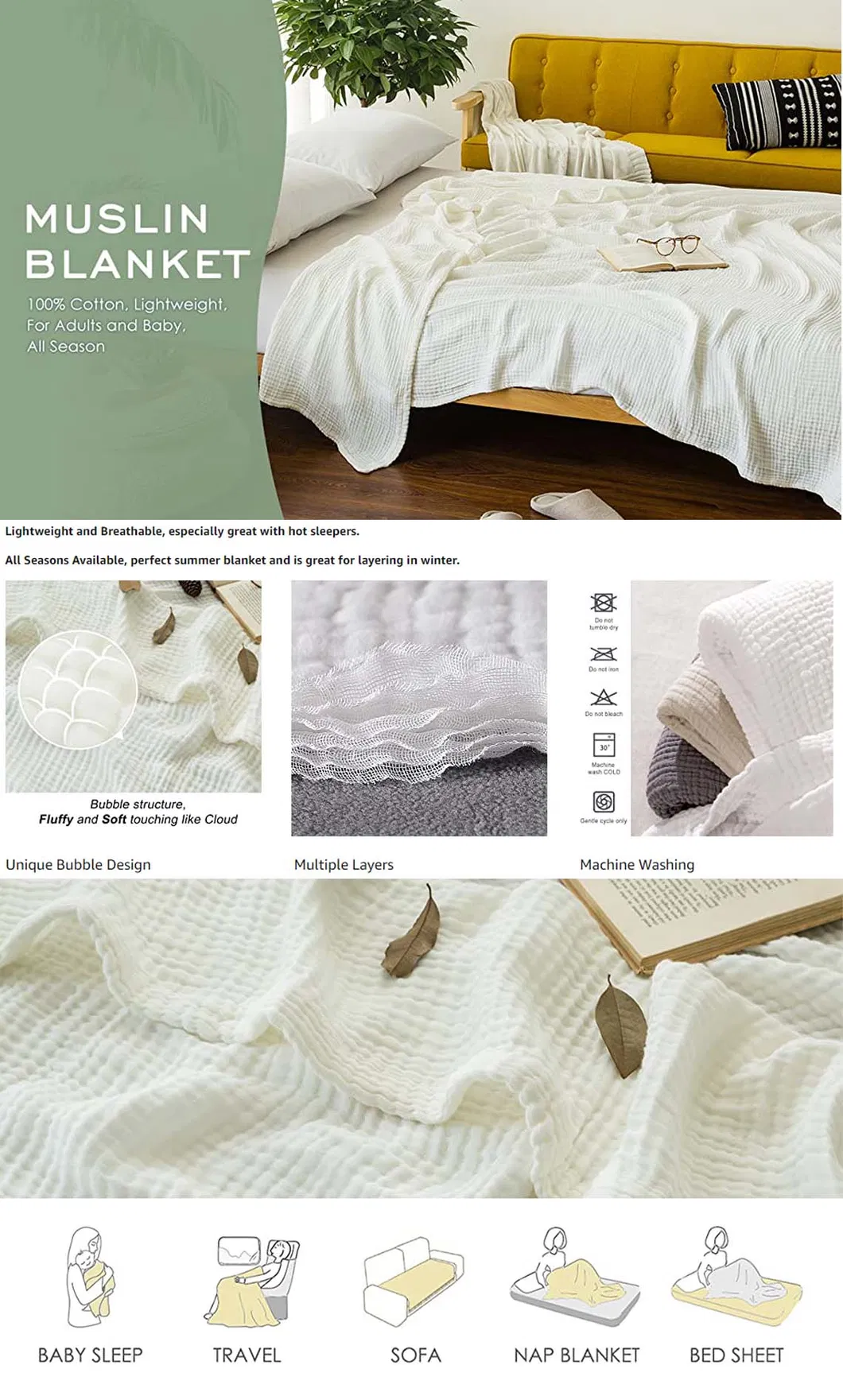 Cotton Muslin Swaddle Blankets for New Born Boys Girls